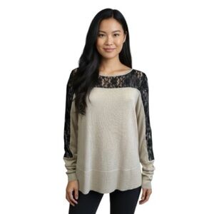 RACHEL Rachel Roy Shanghai Chic in Dove knit top with black lace yoke inset XL